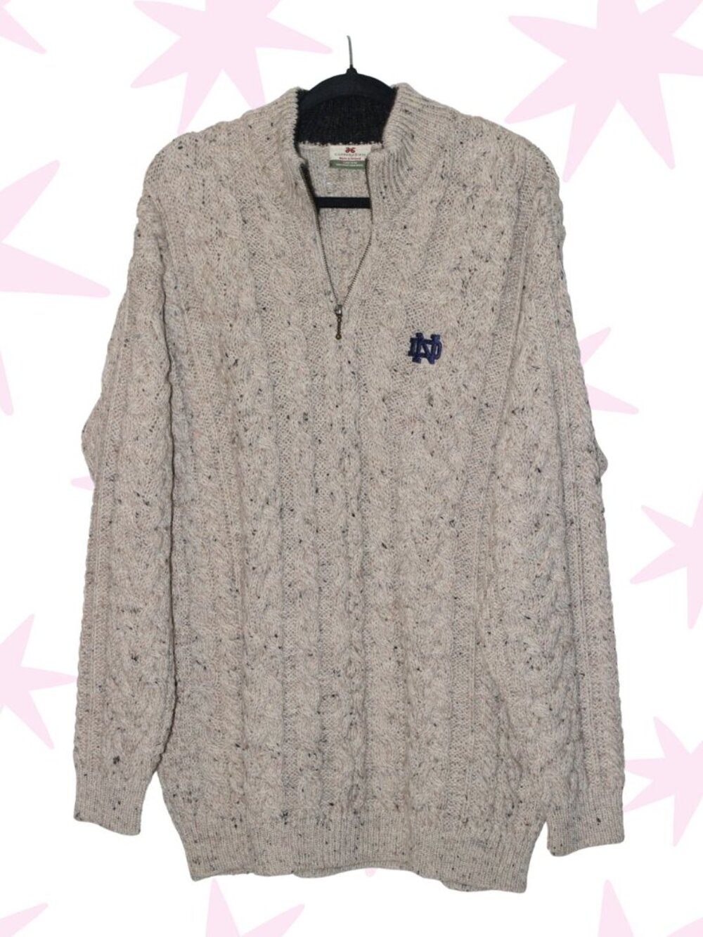 100% wool Carraig Donn Notre Dame embroidery quarter zip sweater L
